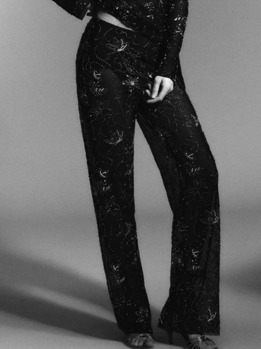 Zara Black Wide-Leg Embellished Floral Pants